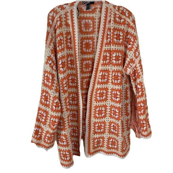 Forever 21 Crochet Design Open Front Cardigan M/L Cottagecore Fringe Boho - Picture 1 of 5